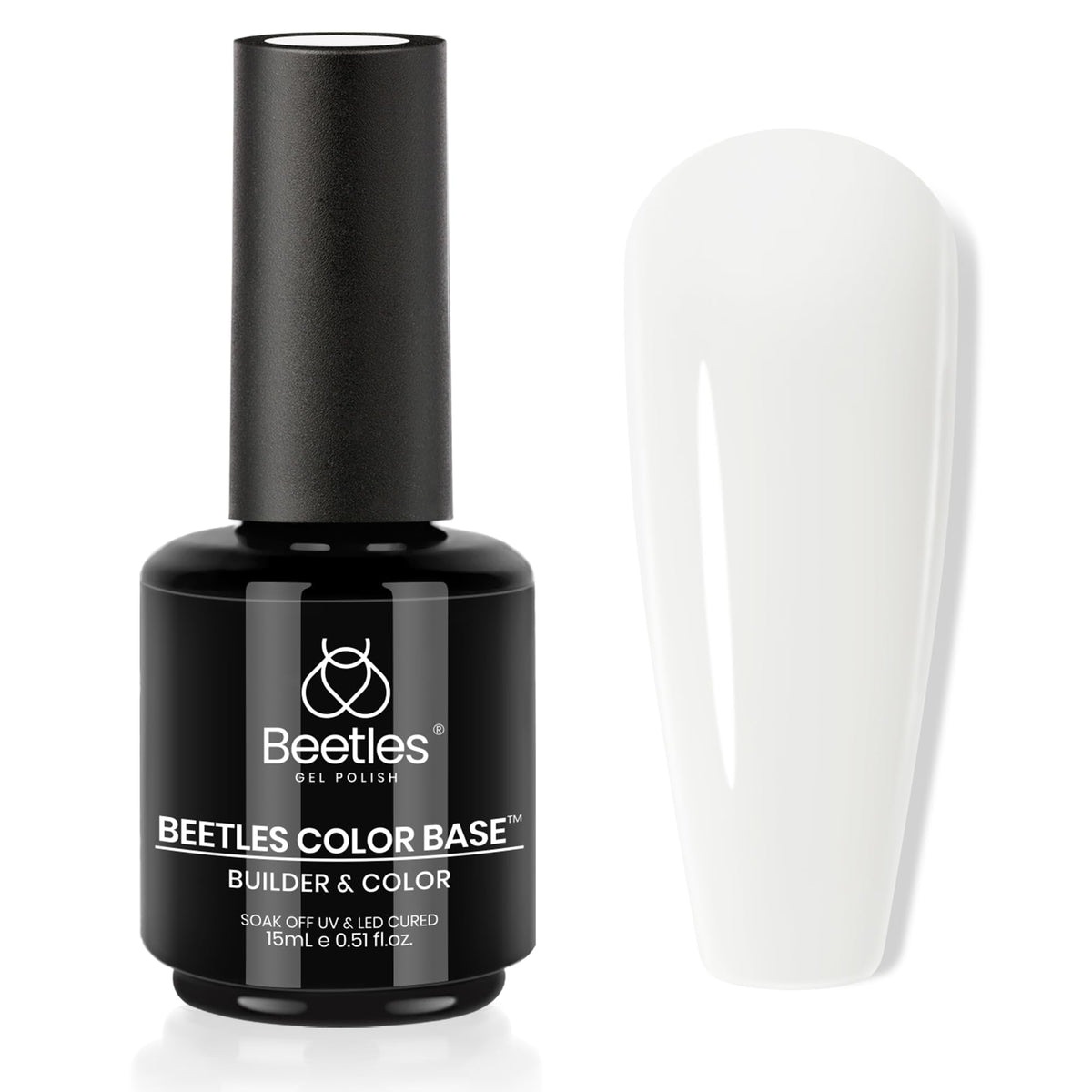 Beetles Milky White Rubber Base Gel Polish bottle front demonstrates a strong base for nails