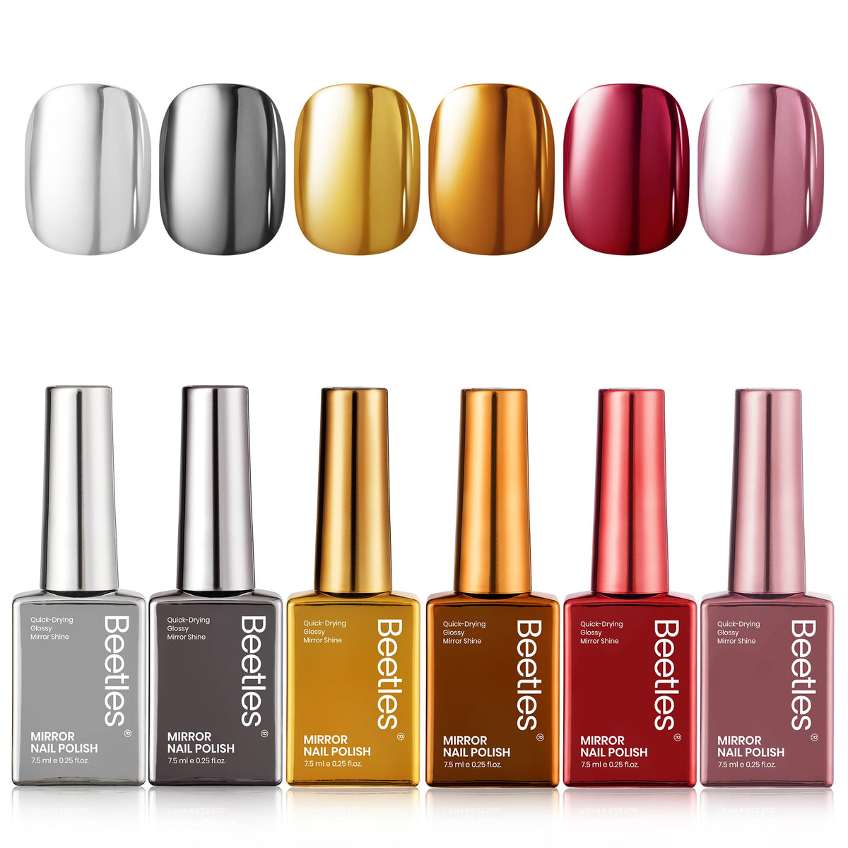 Beetles Mirror Nail Polish Set with six metallic shades for bold manicures.