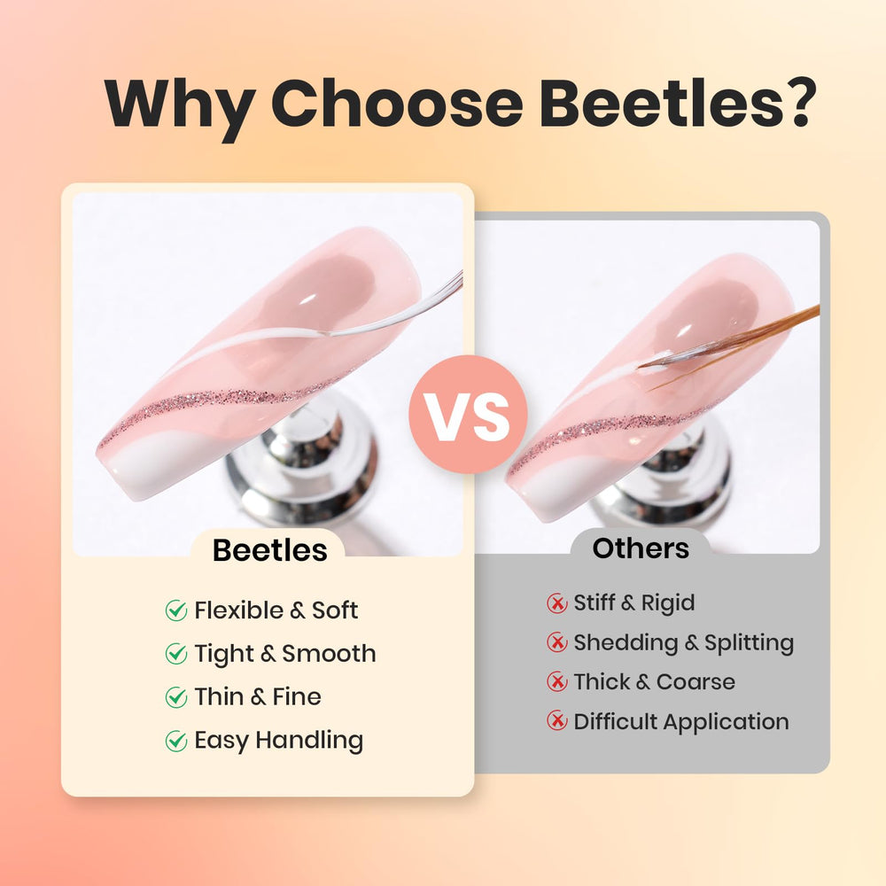 Beetles nail art liner brush hair closeup shows flexible bristles.