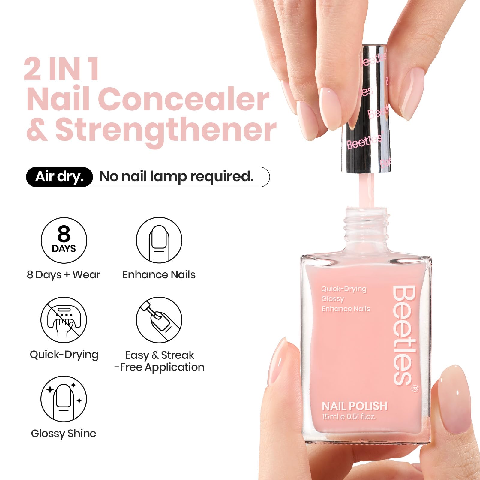 Beetles nude pink formula bottle with keratin, B7, tocopherol supports nail health.