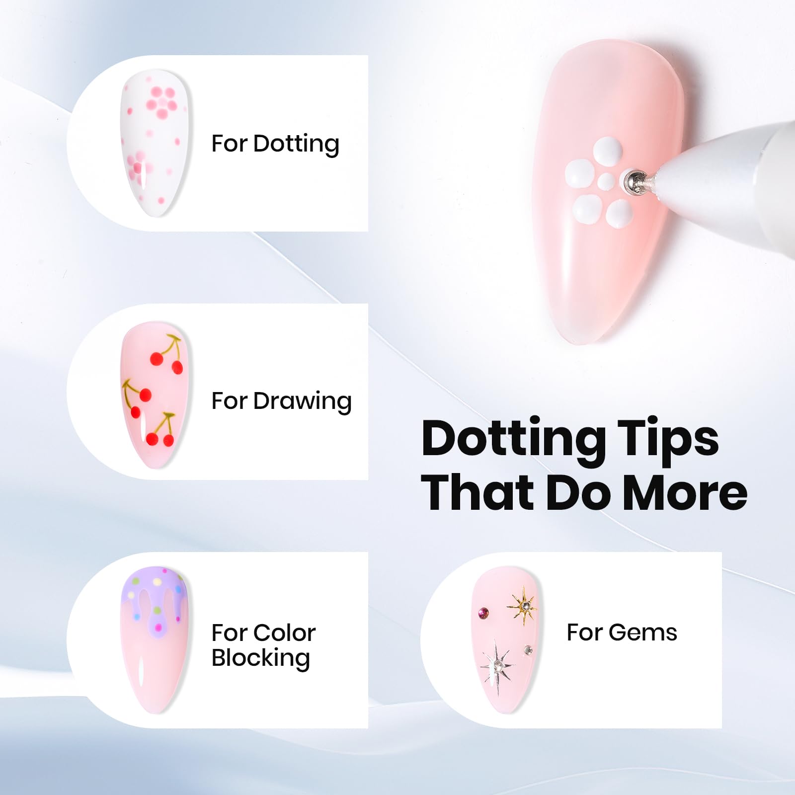 Beetles Nail Dotting Pen 4-in-1 shows dot sizes 0.8 to 2.0 mm for detail.