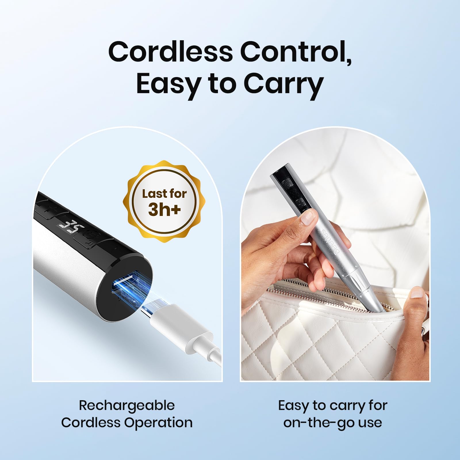 Beetles Nail Drill Type-C charging cable included for quick top-ups.