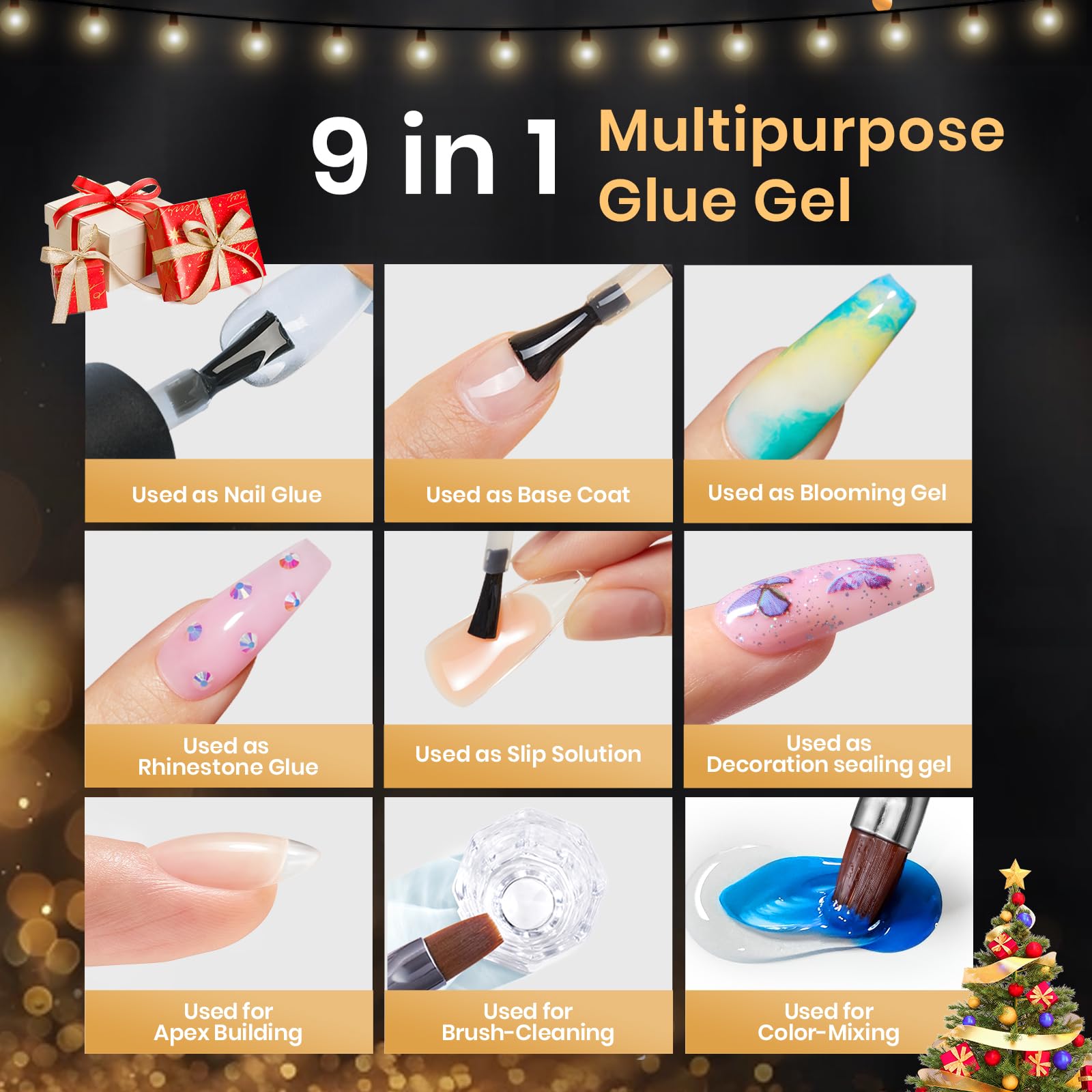 Beetles 9-in-1 glue gel acts as base, top, blooming gel, and rhinestone slip solution.