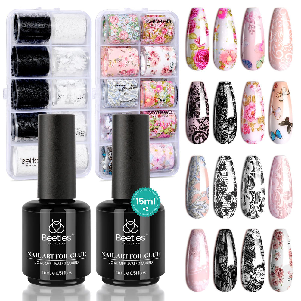 Beetles Nail Foil Glue Gel transfer set; quick at-home foil design with two 15ml bottles