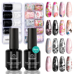Beetles Nail Foil Glue Gel transfer set; quick at-home foil design with two 15ml bottles