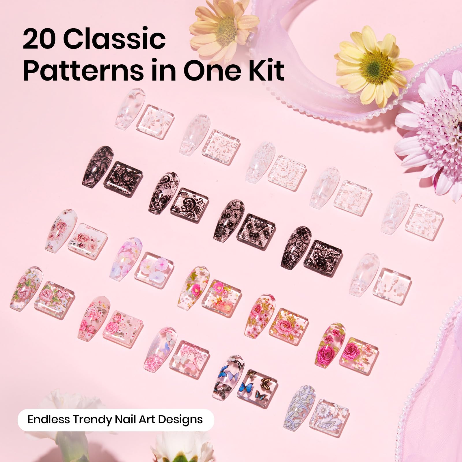 Beetles Nail Foil Stickers Lace Flower Butterfly 20pcs for varied nail art options