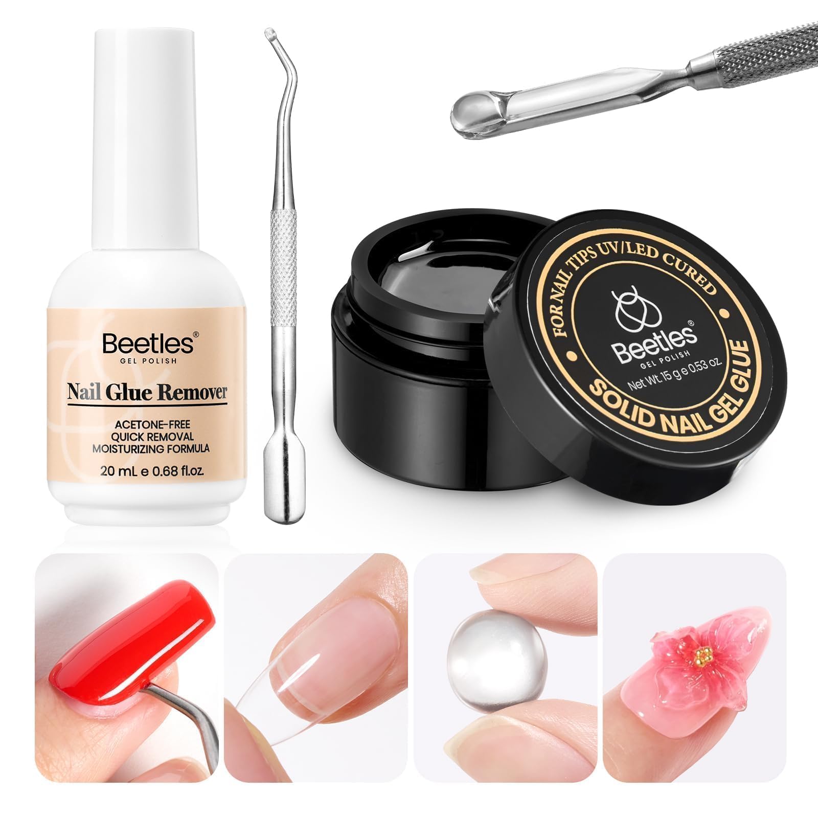 Beetles nail glue remover steps shown for safe removal