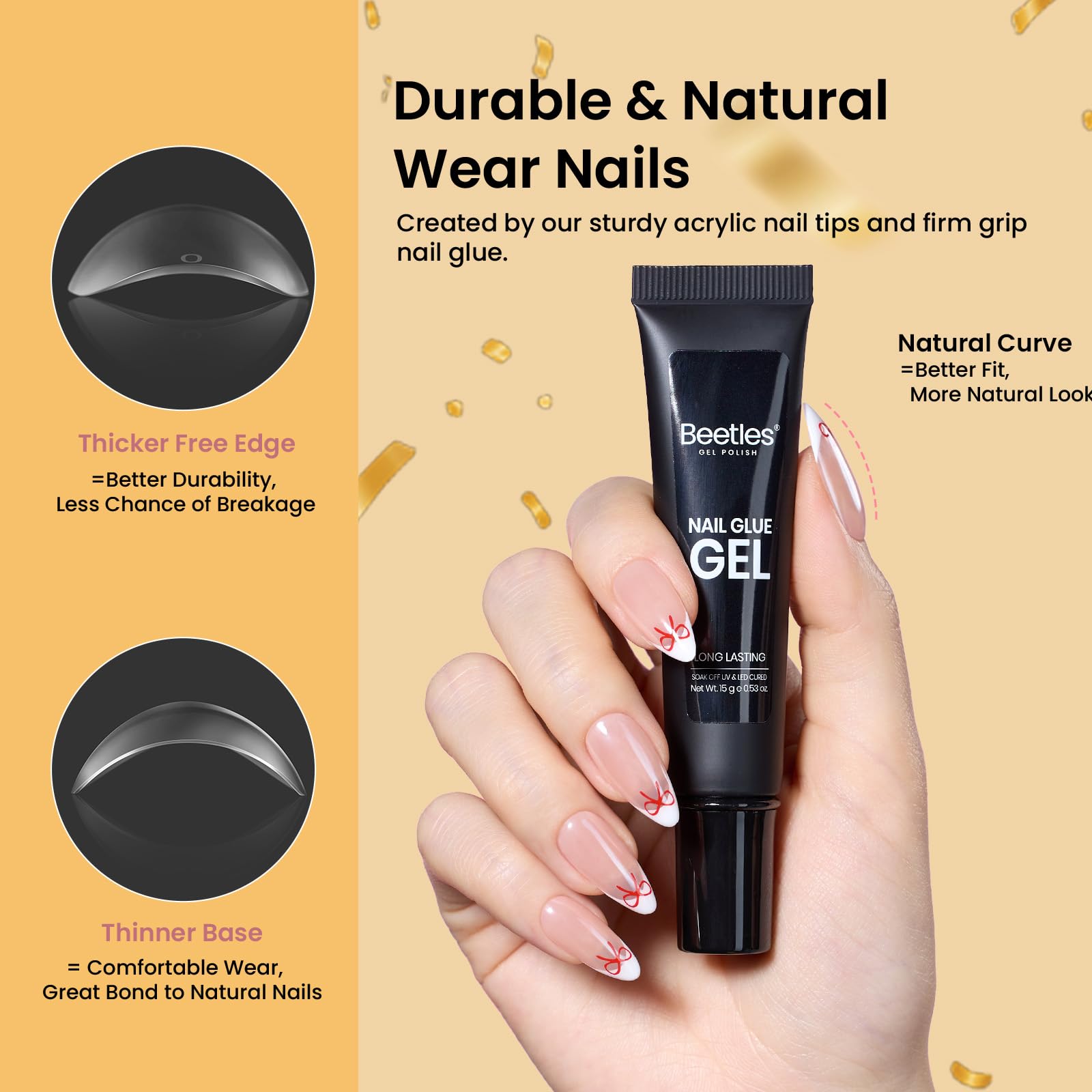 Beetles Nail Glue tube demonstrates easy dispensing for precise nail applications