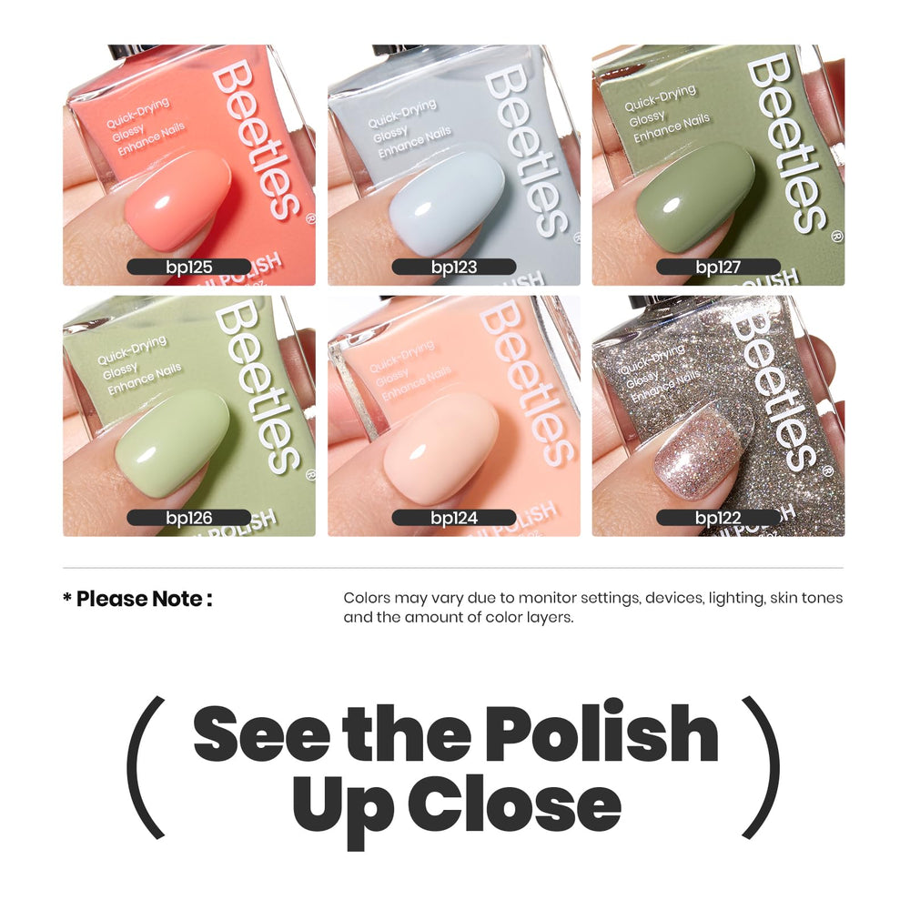 Beetles Gel Polish P176 bottle closeup with glitter-green finish and glossy shine.
