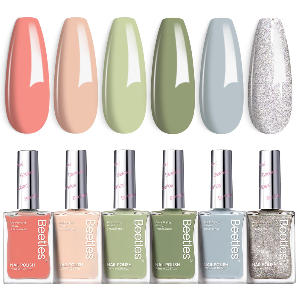 Beetles Gel Polish P176 packshot showing six color options for DIY nail art.