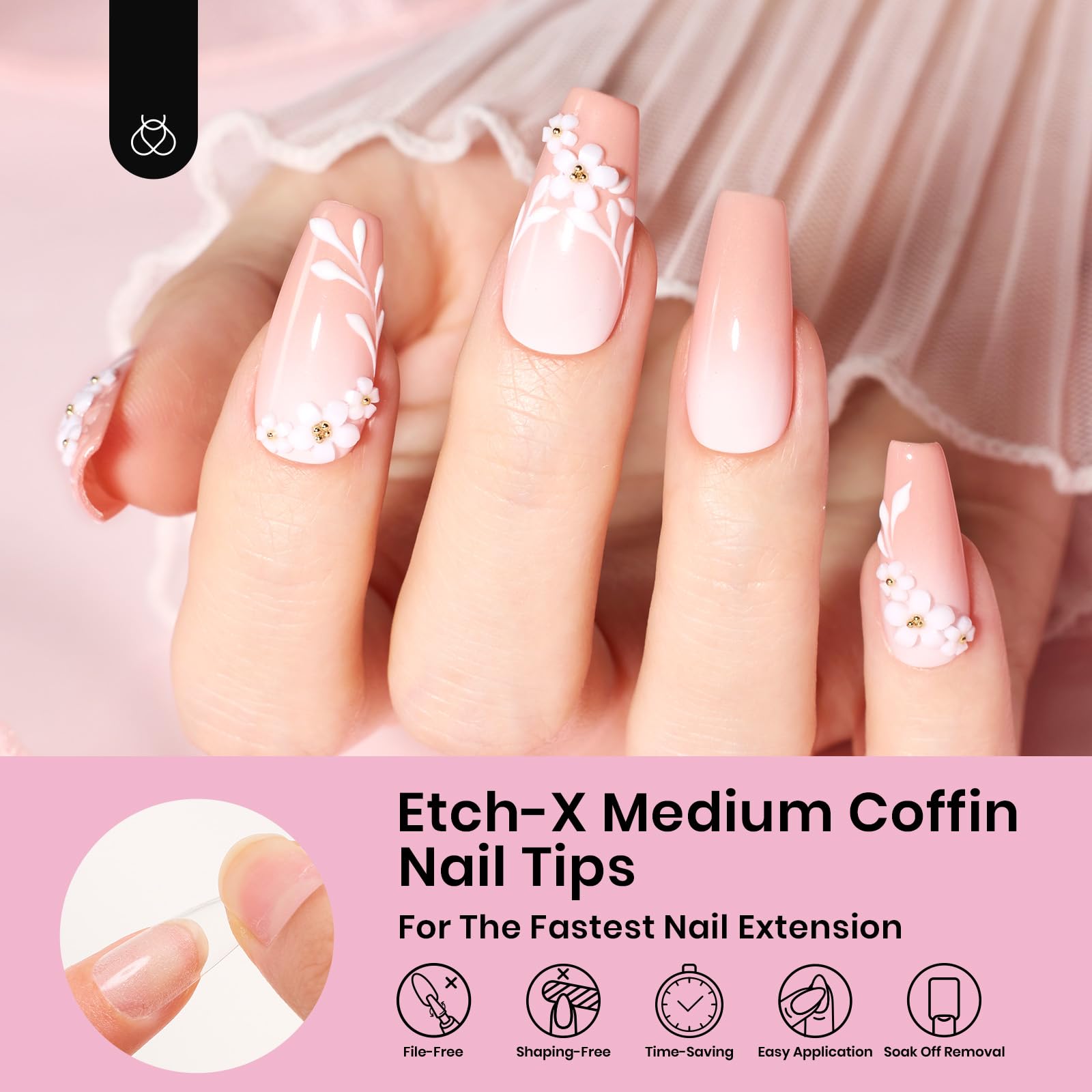 Beetles extensions with pre-etching enable quick application and smooth edges.