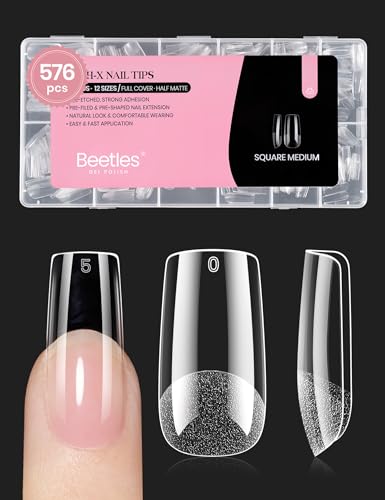Beetles Nail Tips Medium Square packaging shows wide size range for precise fit.