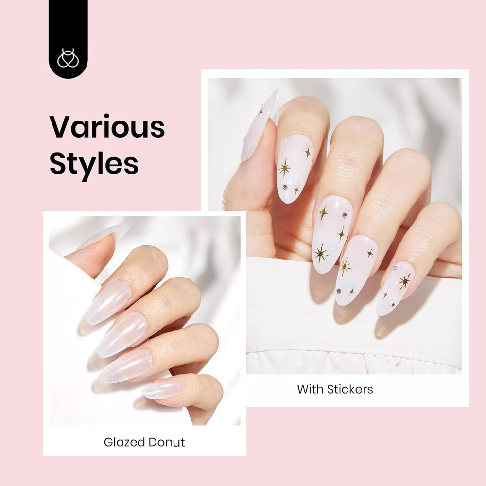 Beetles nails on hand milky white jelly polish demonstrates sheer manicure.