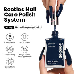 Beetles Navy Blue nail polish cap open brush application highlighting quick-dry feature.