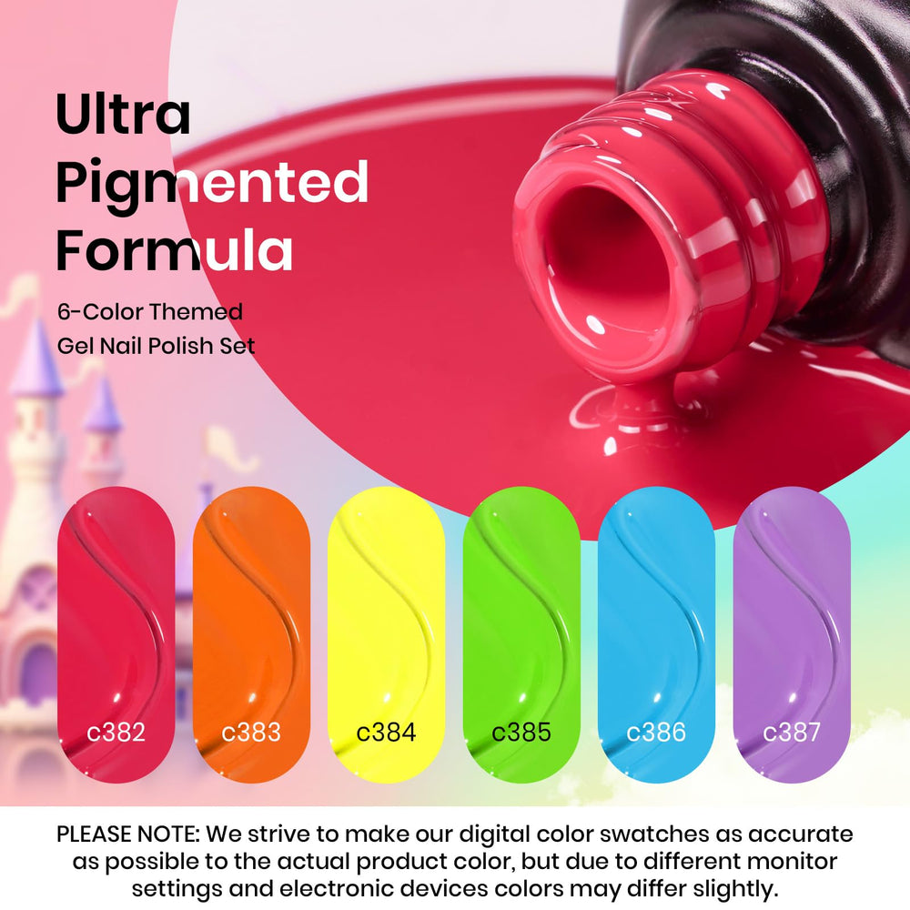 Beetles Neon Gel Polish color swatches highlight six neon hues for vibrant manicure ideas.