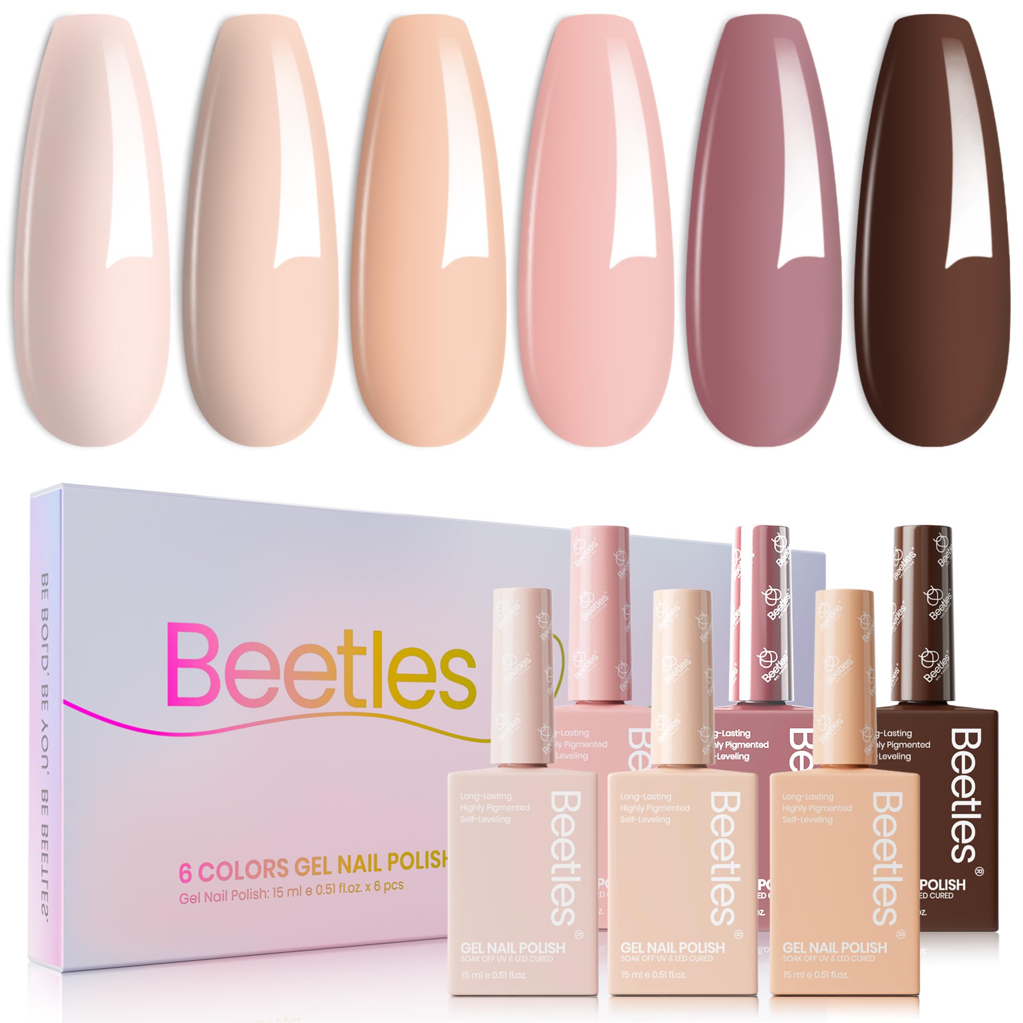 Beetles Neutral Gel Nail Polish Set bottle swatches reveal six nude shades for at-home manicures.