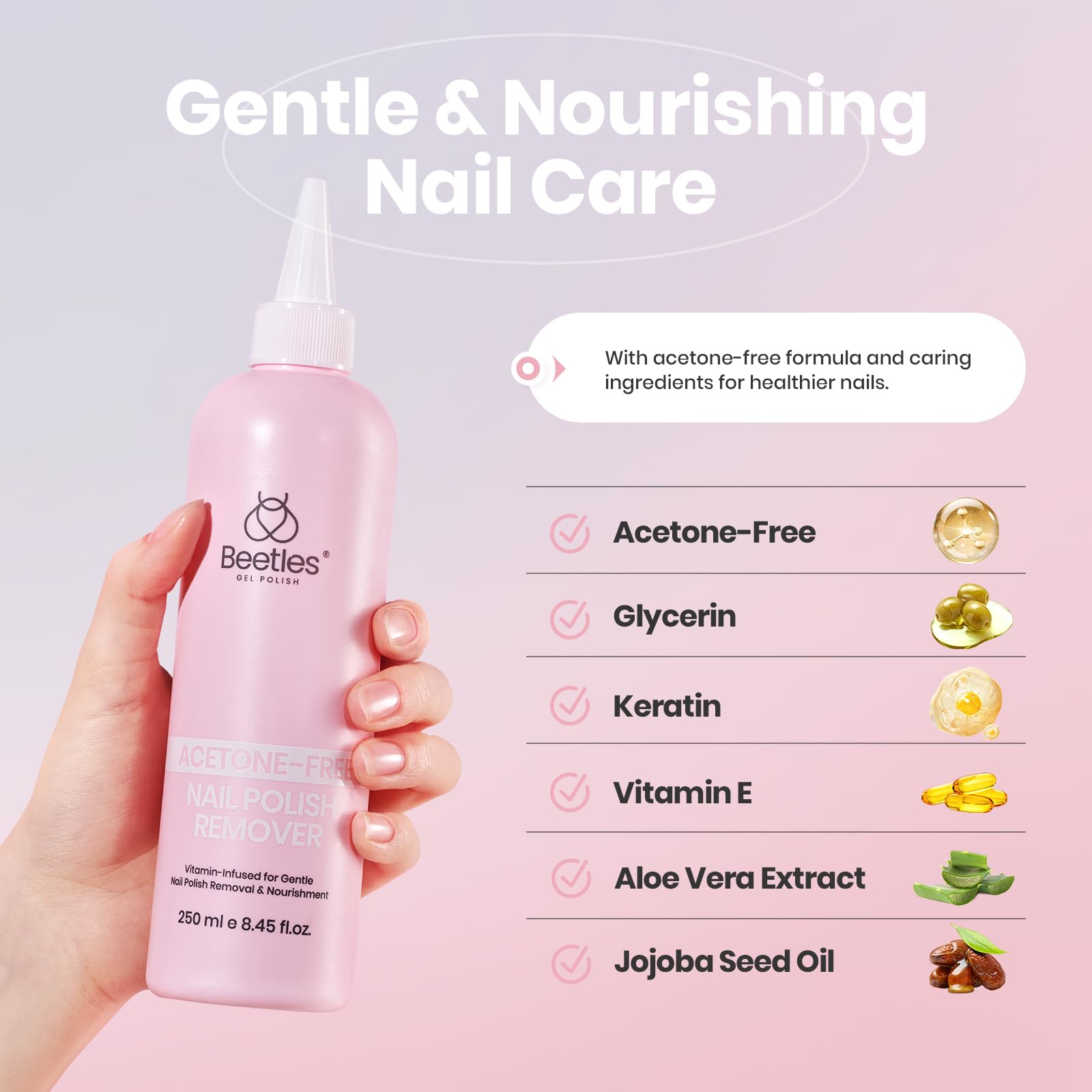 Beetles Non-Acetone Remover dispenser nozzle enables precise, mess-free application.