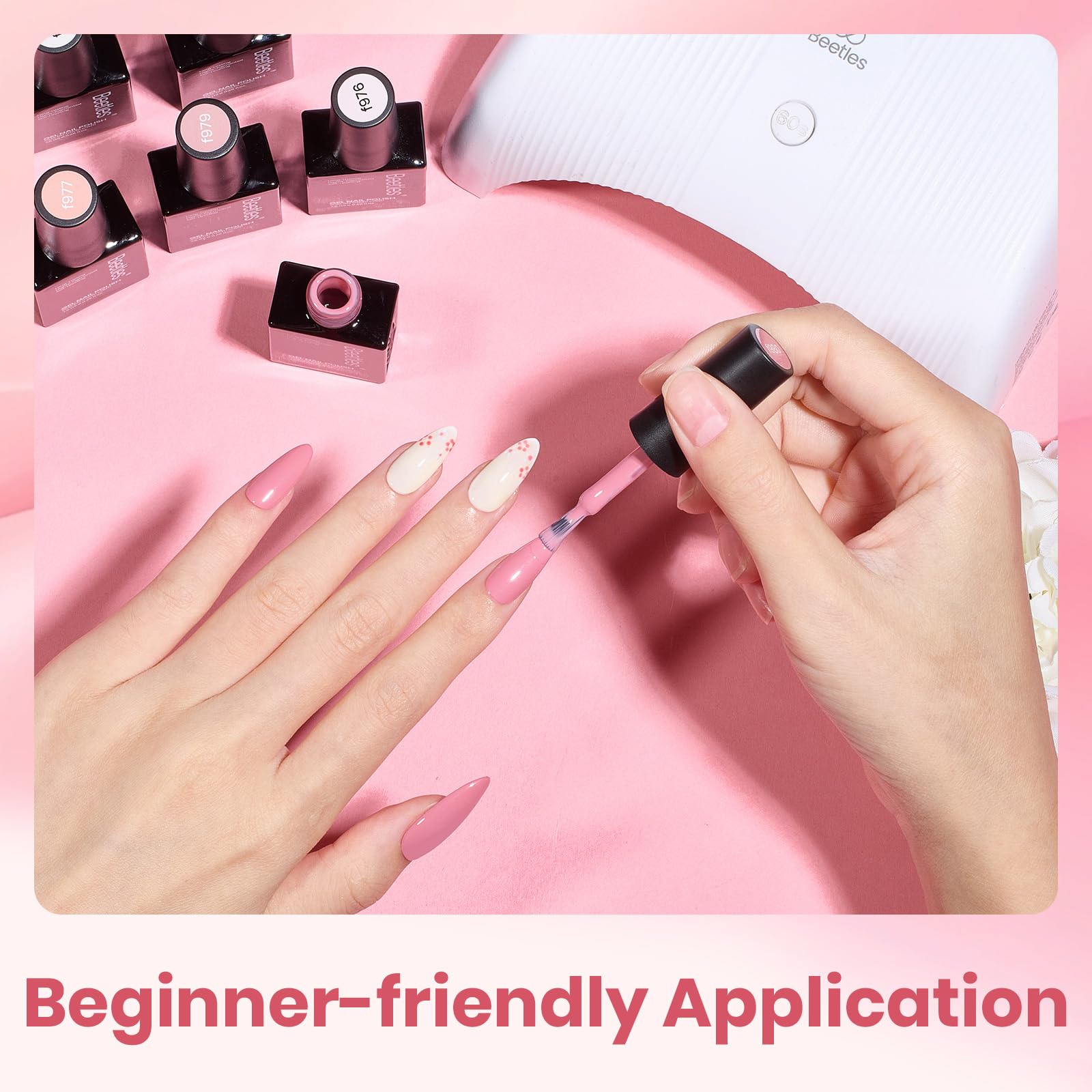Beetles Nude Gel Polish six-shades-on-nails display with durable color options.