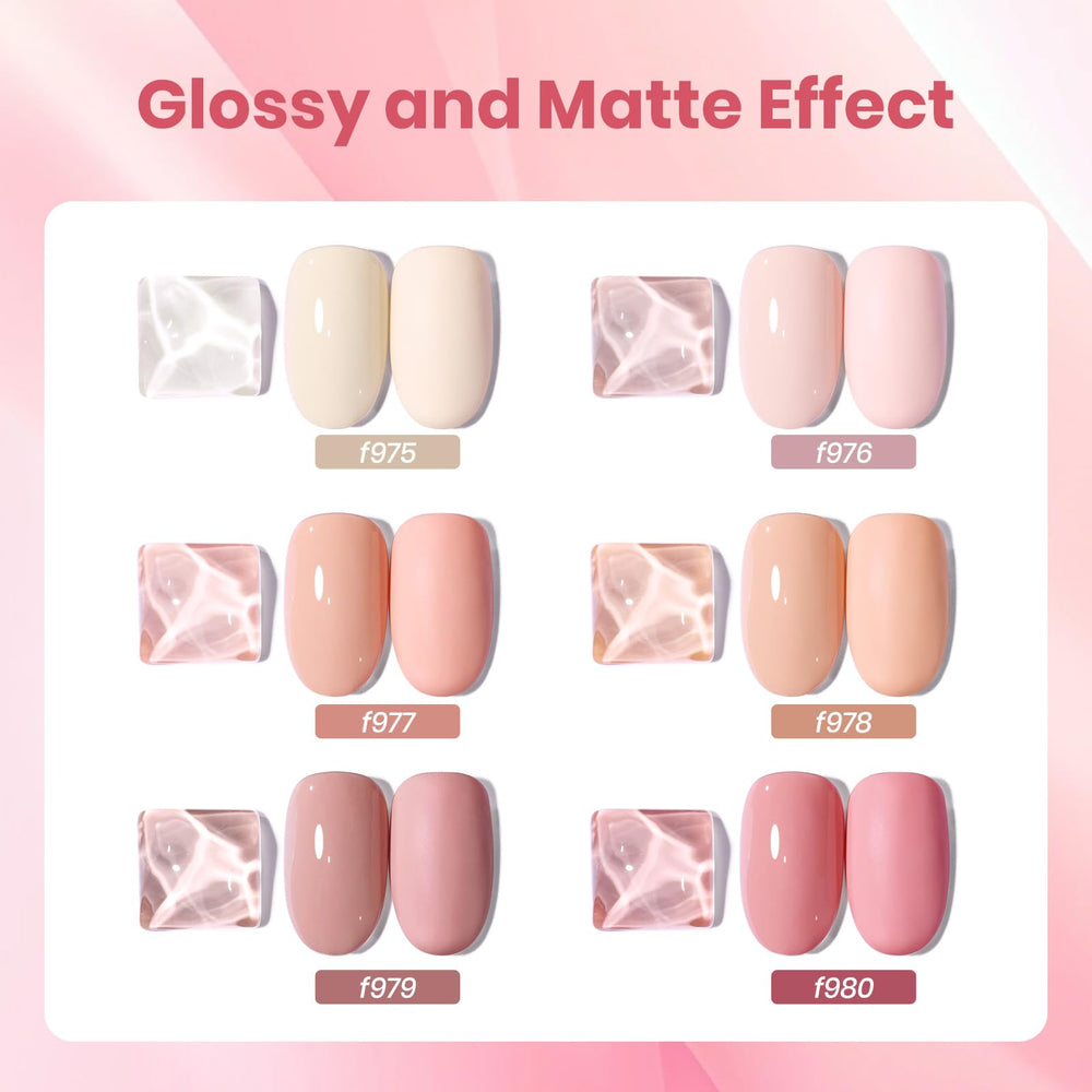 Beetles Nude Gel Polish swatch display showing six versatile nude-pink shades for any occasion.