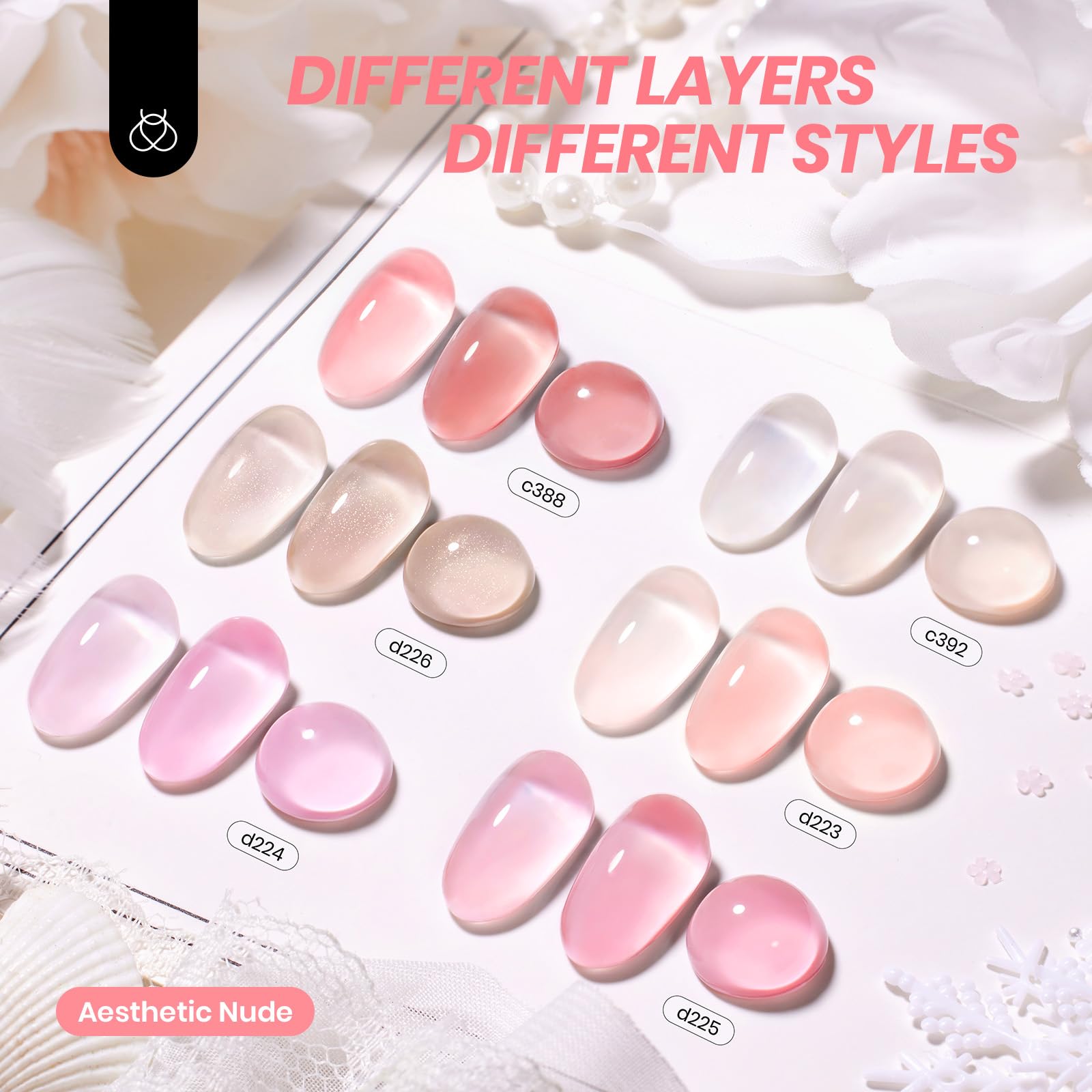Beetles Nude Gel Nail Polish Set 6-Colors Swatch Cards display shimmering translucence and color depth