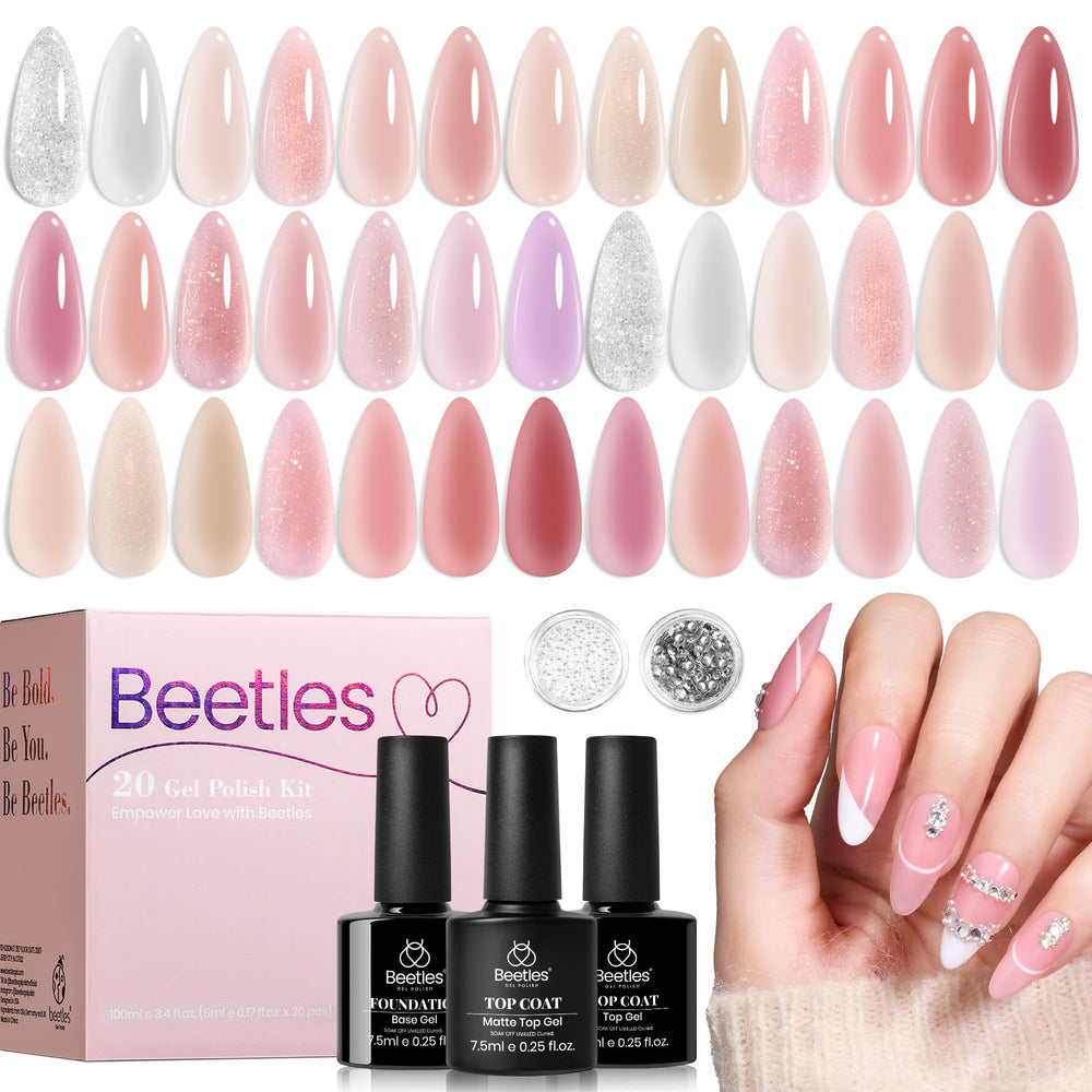 Beetles nude pink gel kit swatches show milky nude to pink shades for easy color matching