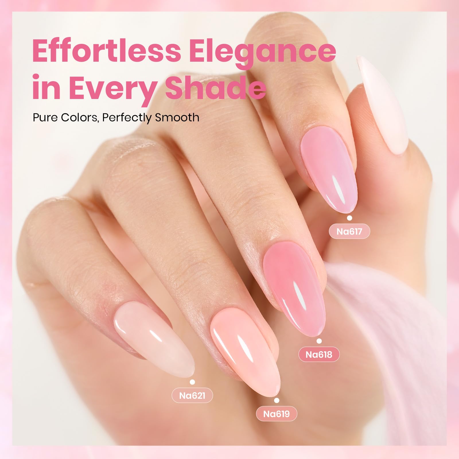 Beetles Nude Pink gel nail polish on natural nail demonstrates soft blush finish.