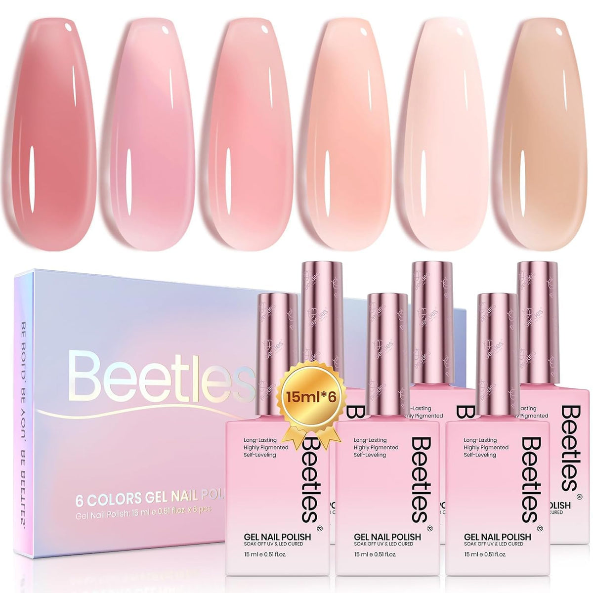 Beetles Nude Pink Gel Nail Polish Set bottle closeup showing six shades for elegant manicure
