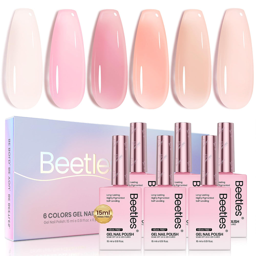 Beetles Nude Pink gel nail polish set bottle swatches show six translucent nude pink shades.