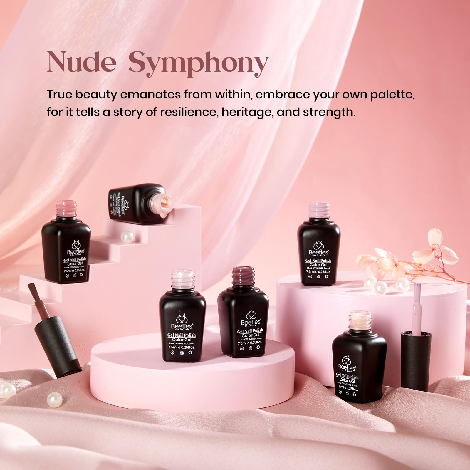 Beetles Nude Symphony swatch wheel displaying nude pink and brown tones for shade selection.