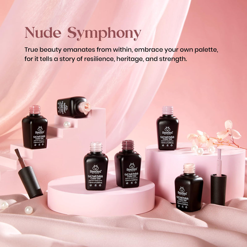 Beetles Nude Symphony swatch wheel displaying nude pink and brown tones for shade selection.