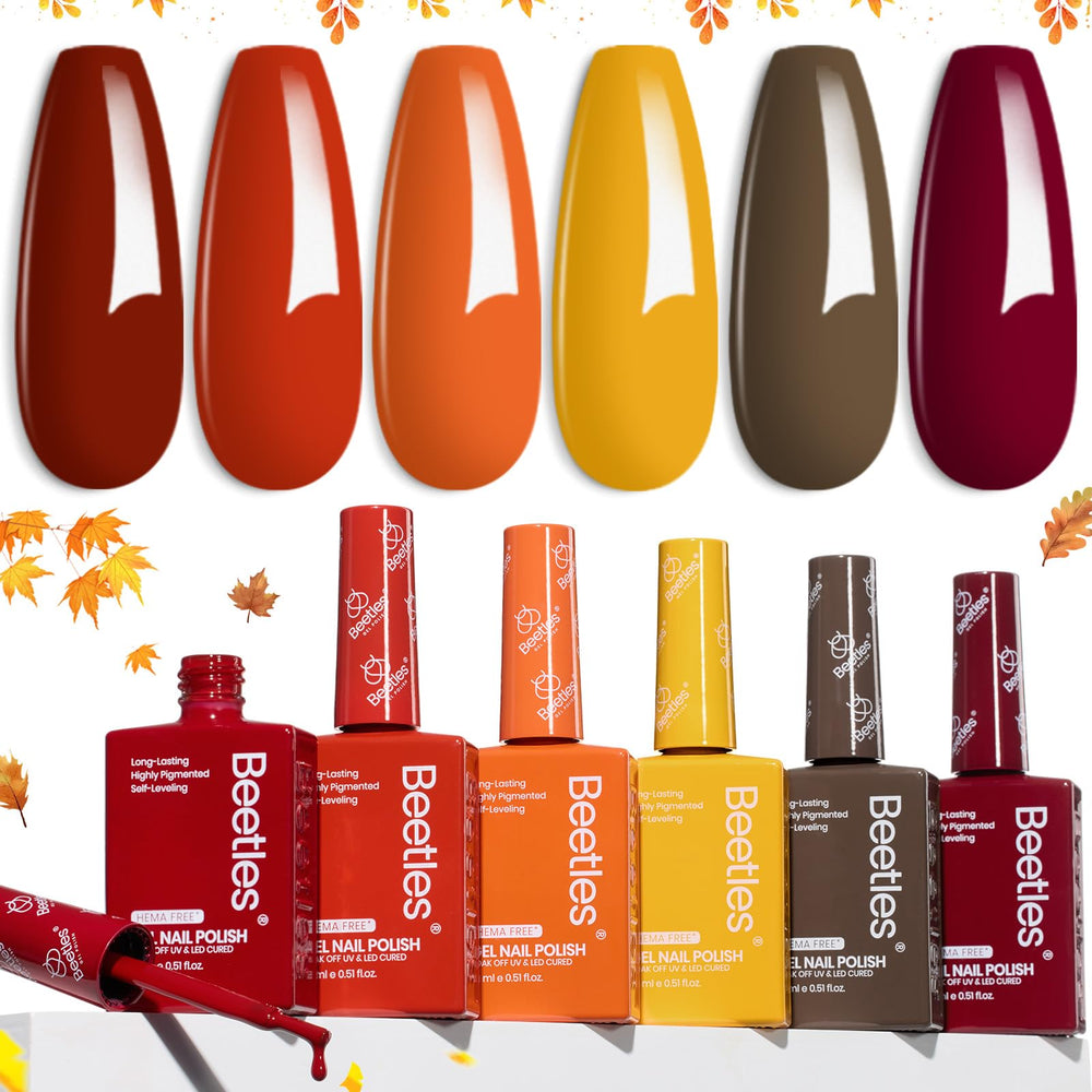Beetles orange gel nail polish set packaging shows six fall shades for at-home manicures.