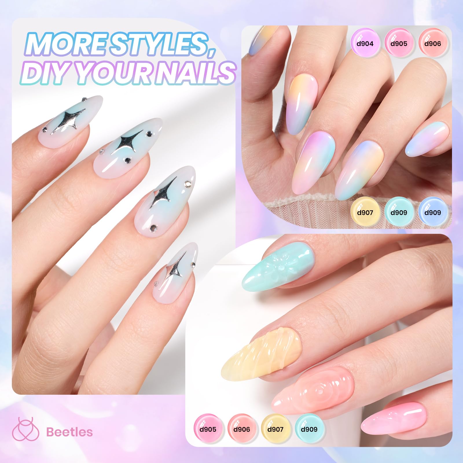 Beetles Pastel Gel Nail Polish Kit colors display showing the six trend shades