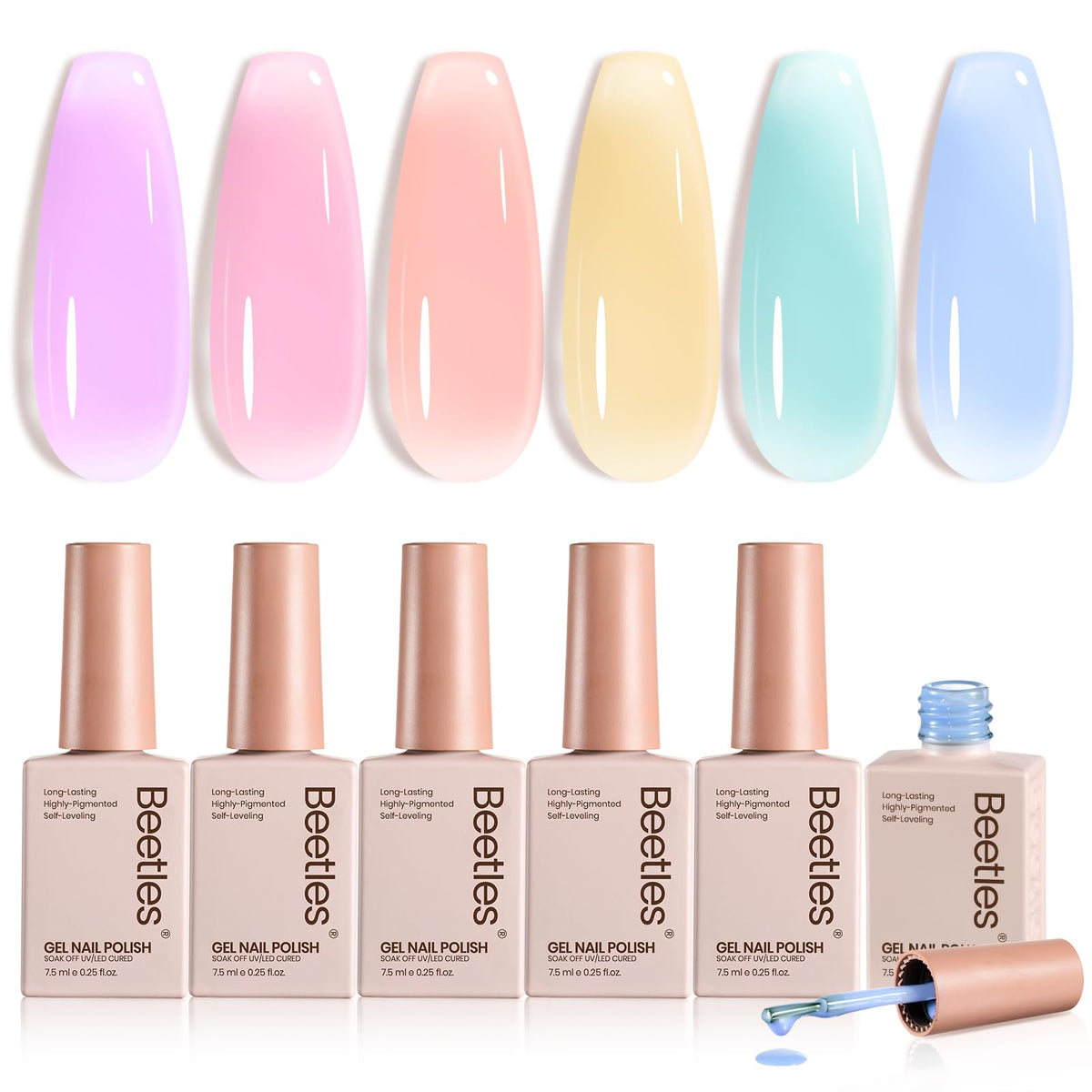 Beetles Pastel Gel Nail Polish Kit packshot highlights six jelly colors for fashionable nails