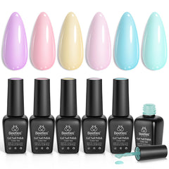 Beetles Pastel Gel Polish Set packaging showcasing six pastel shades for versatile nail art ideas.