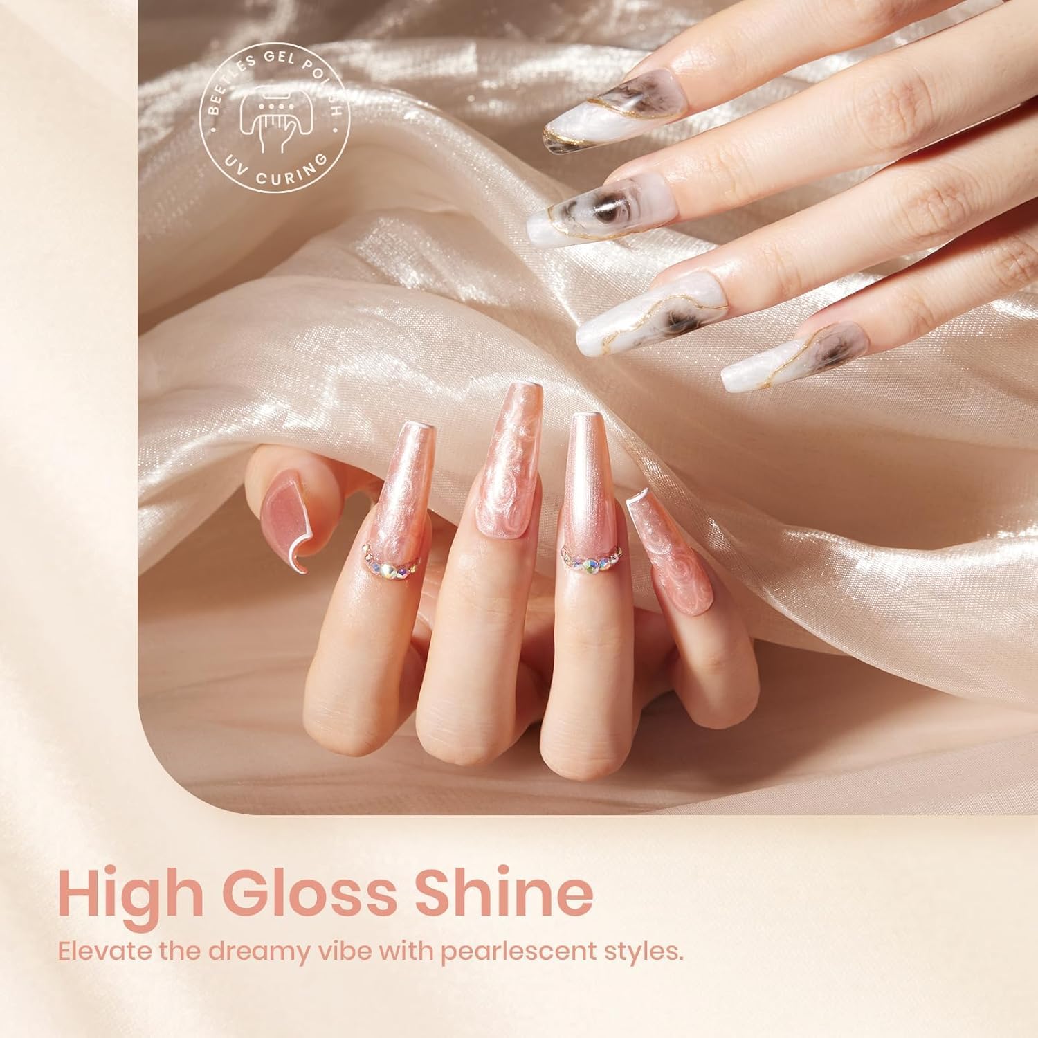 Beetles Pearl Gel Polish thread shell detail highlights decorative shimmer possibilities.