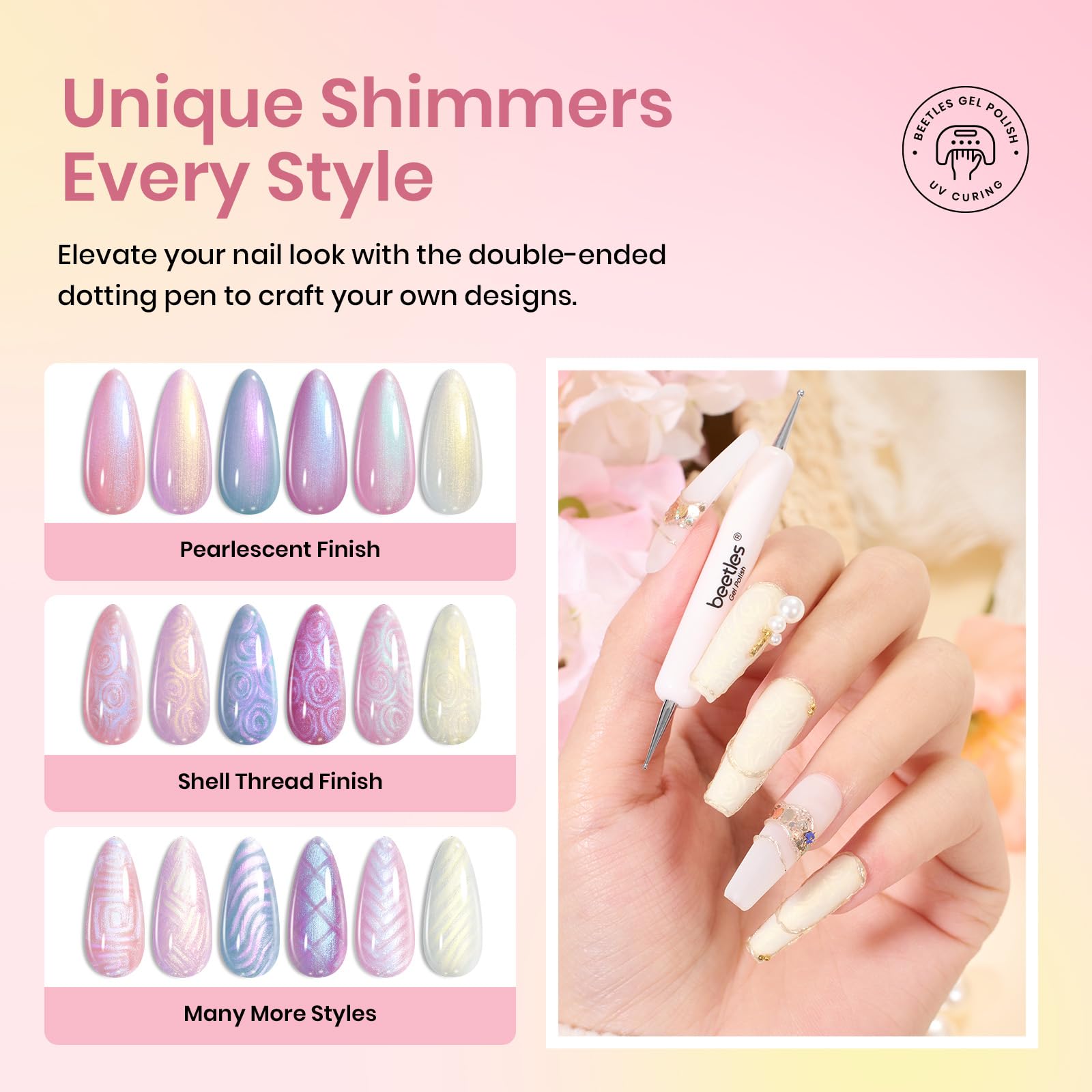 Beetles pearl shimmer colors in a six-color gel nail polish set