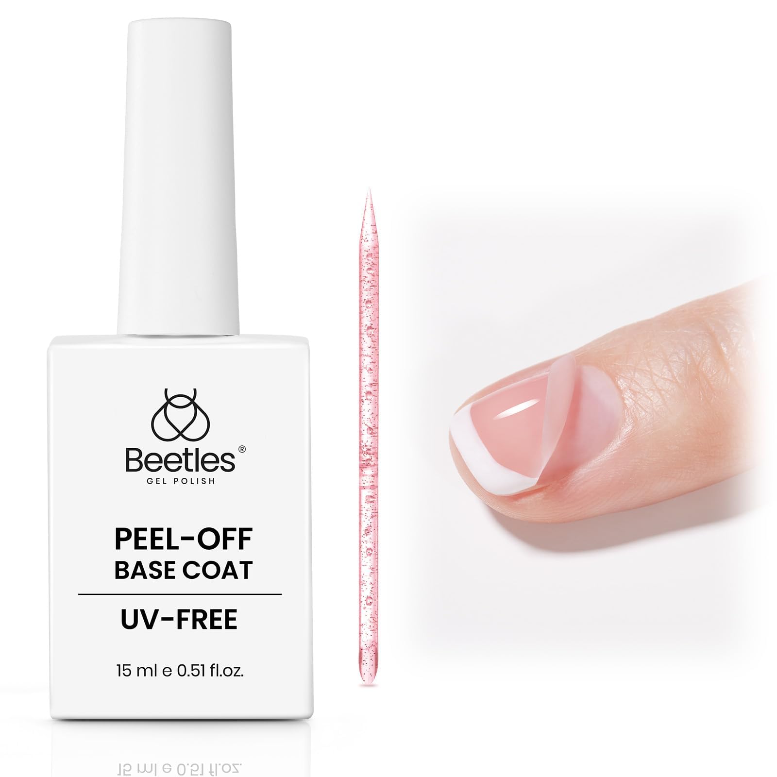 Beetles Peel Off Base Coat bottle closeup showing easy air-dry formula for nail art practice