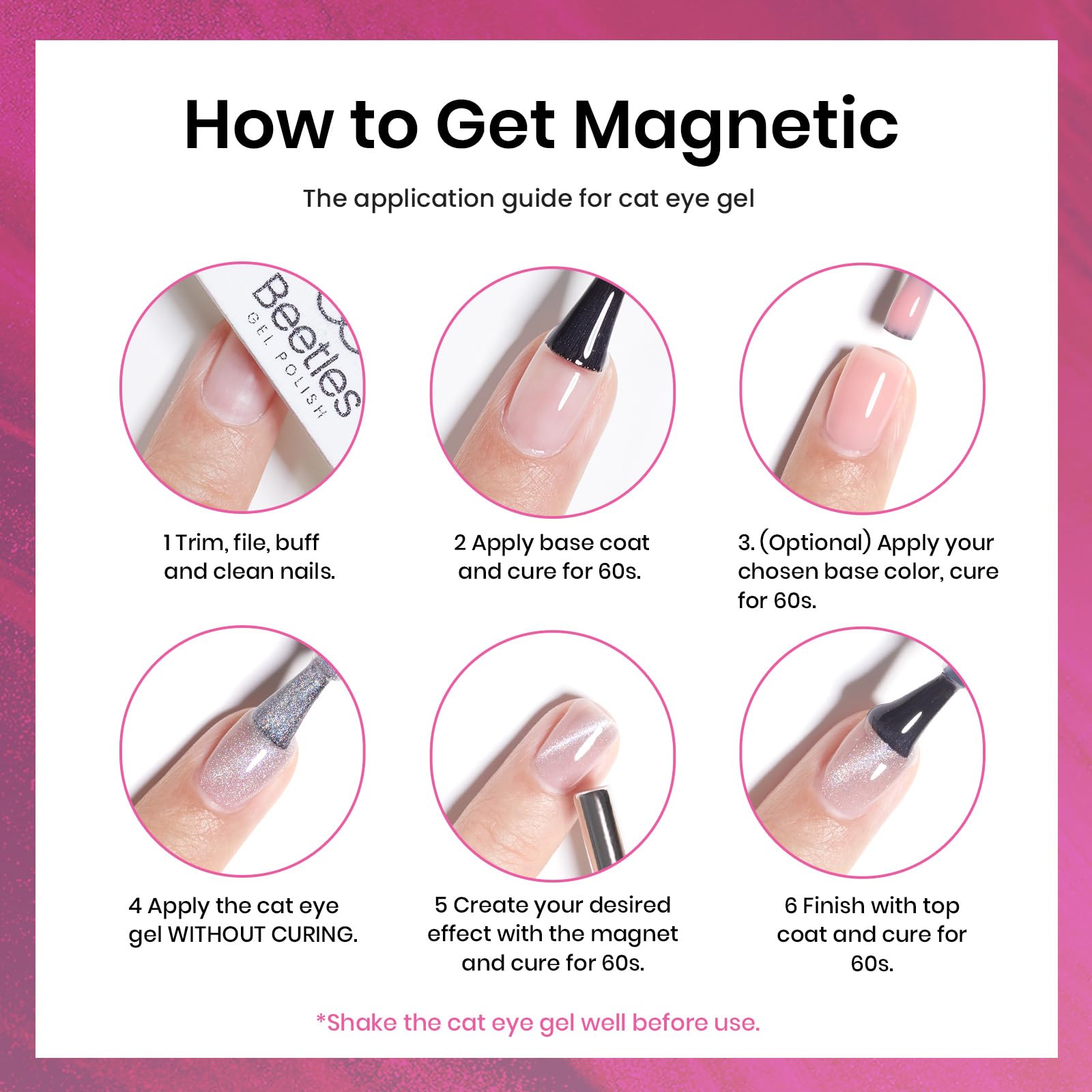 Beetles Pink Cat Eye glitter detail captures magnetic particles for depth.
