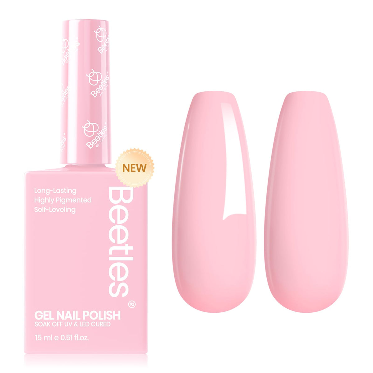 Beetles Pink Gel Nail Polish 15ml bottle shows a soft light pink shade for quick selection.