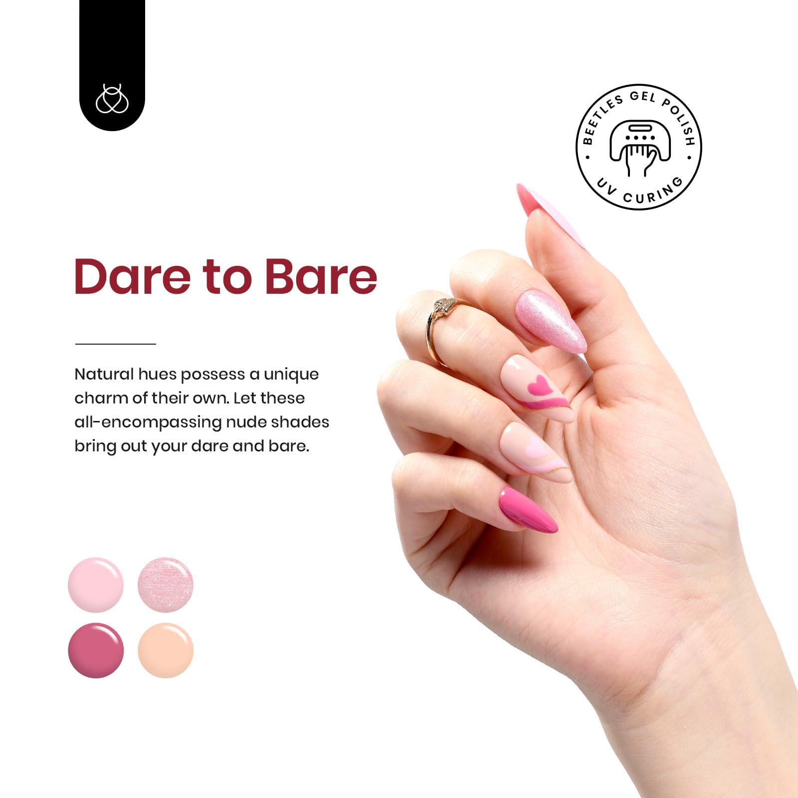 Beetles Pink Gel Polish on nails in natural look showing easy application.