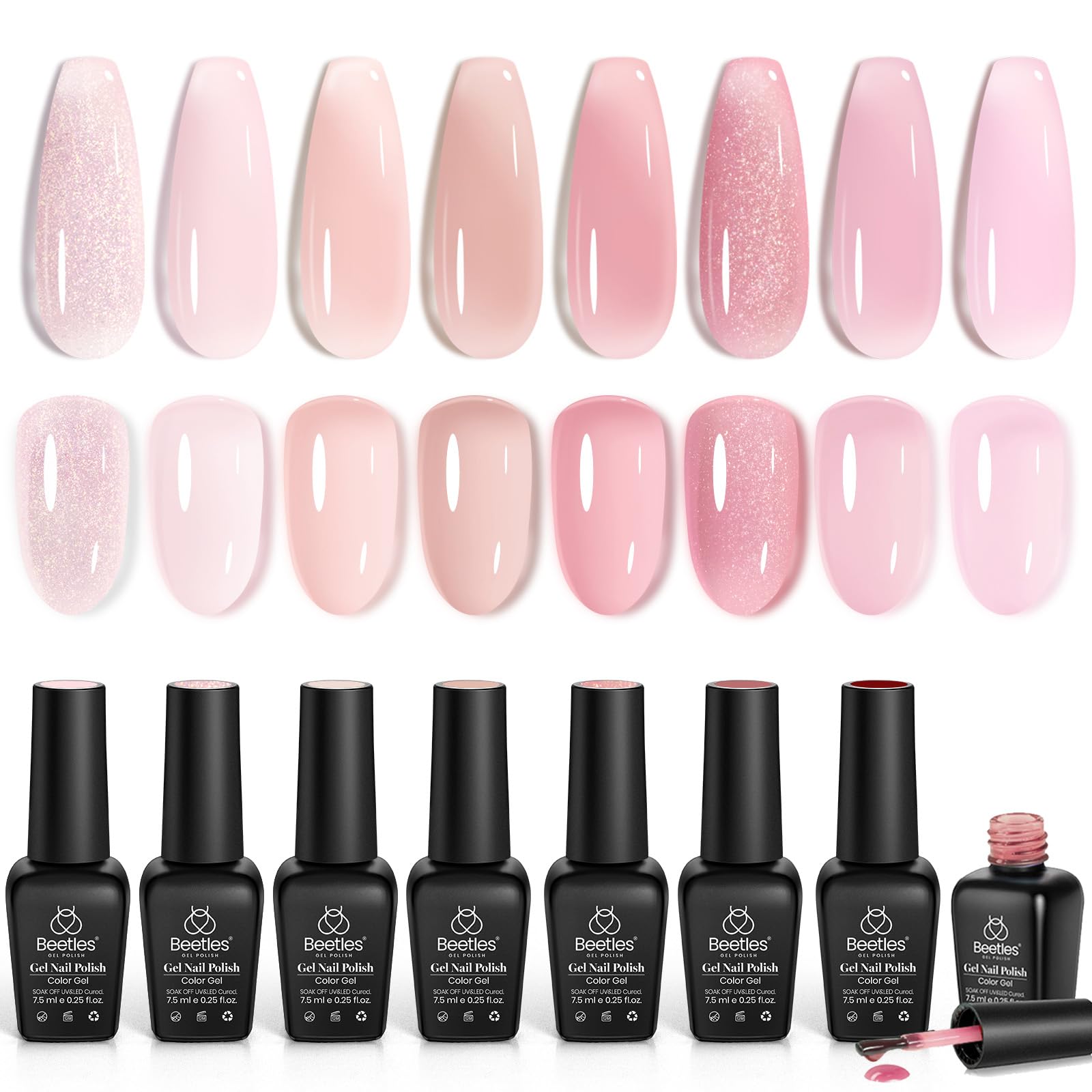 Beetles Pink Gel Nail Polish Set packaging with eight nude pink jelly shades