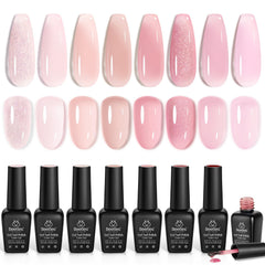 Beetles Pink Gel Nail Polish Set packaging with eight nude pink jelly shades