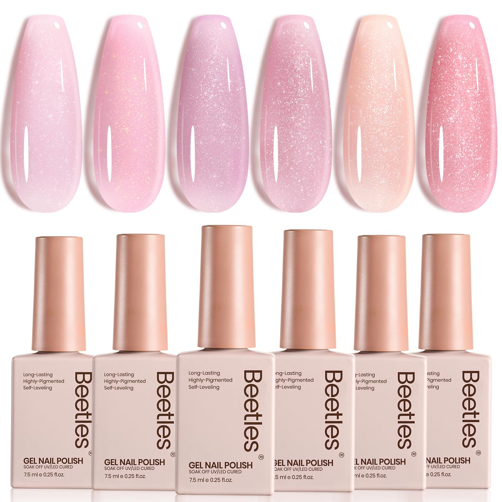 Beetles Pink Glitter Gel Polish Set — six colors for versatile shimmering nails.