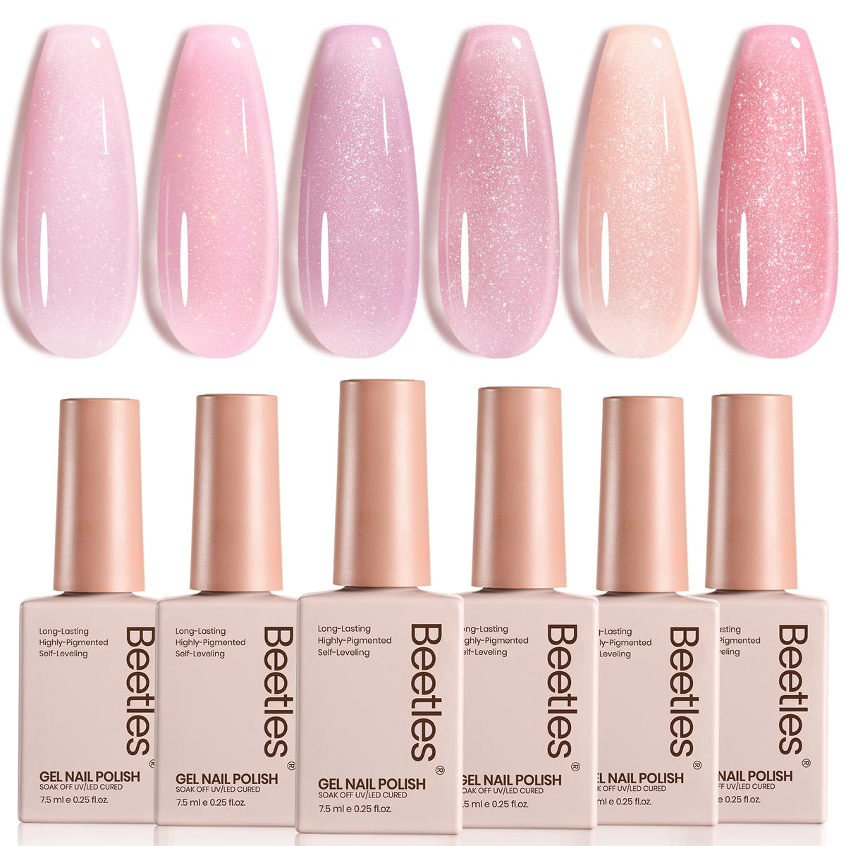 Beetles Pink Glitter Gel Polish Set — six colors for versatile shimmering nails.