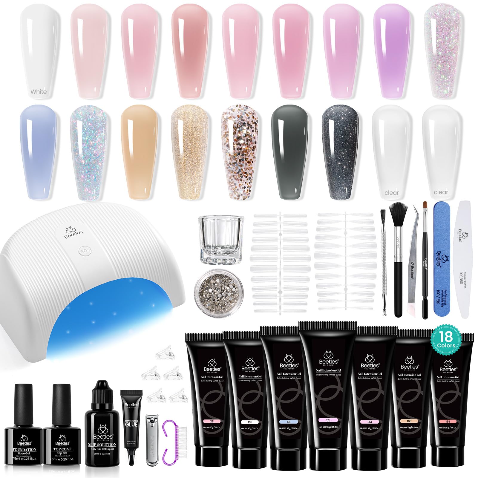 Beetles poly-extension gel kit full set shows diverse colors for at-home manicures.