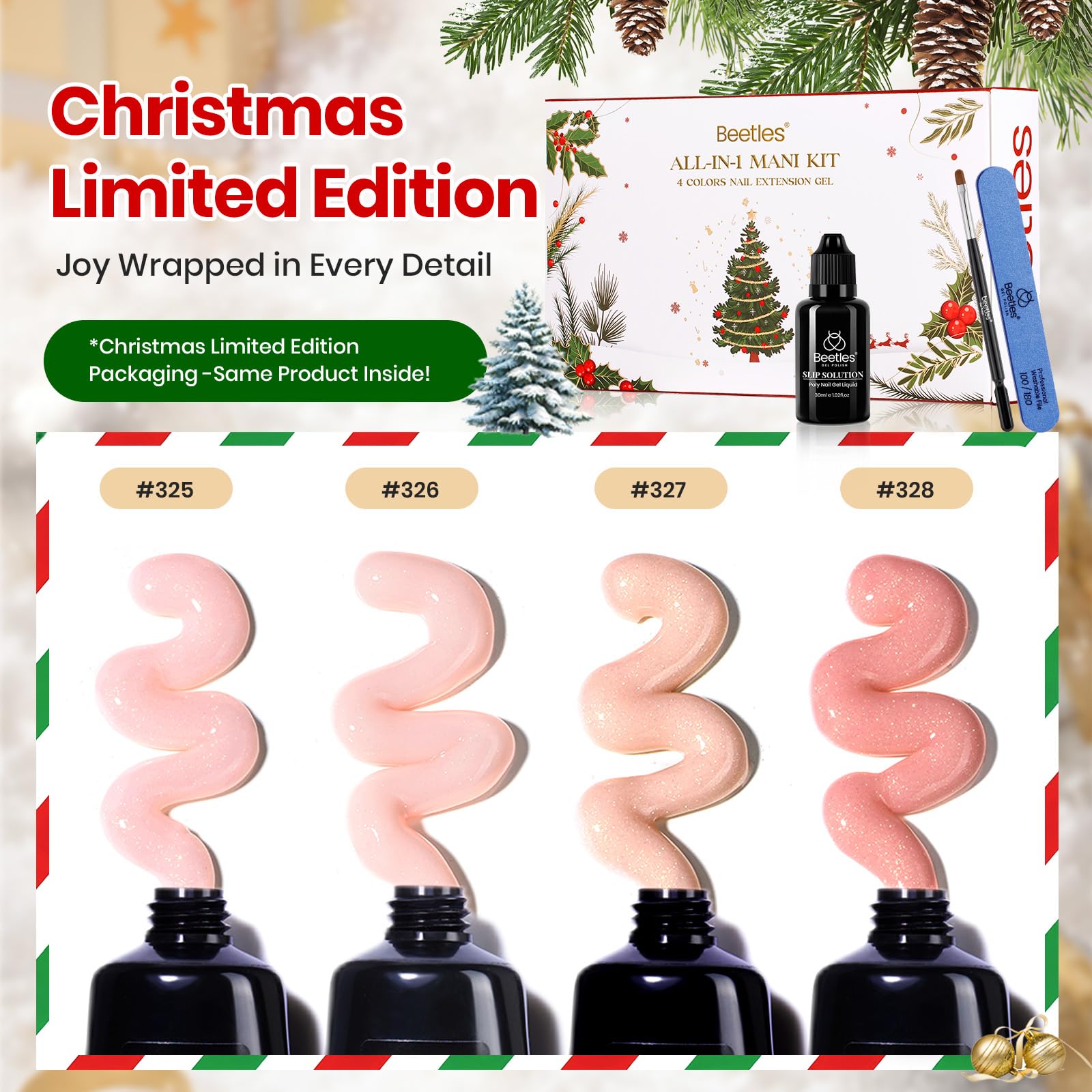 Beetles poly gel nude pink nails close-up highlights natural, elegant extensions.