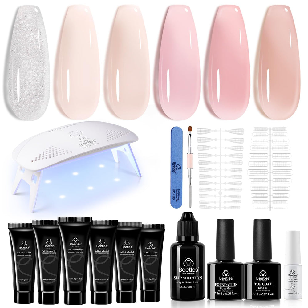 Beetles Poly Nail Gel Set with six nude pink colors for versatile at-home manicures.