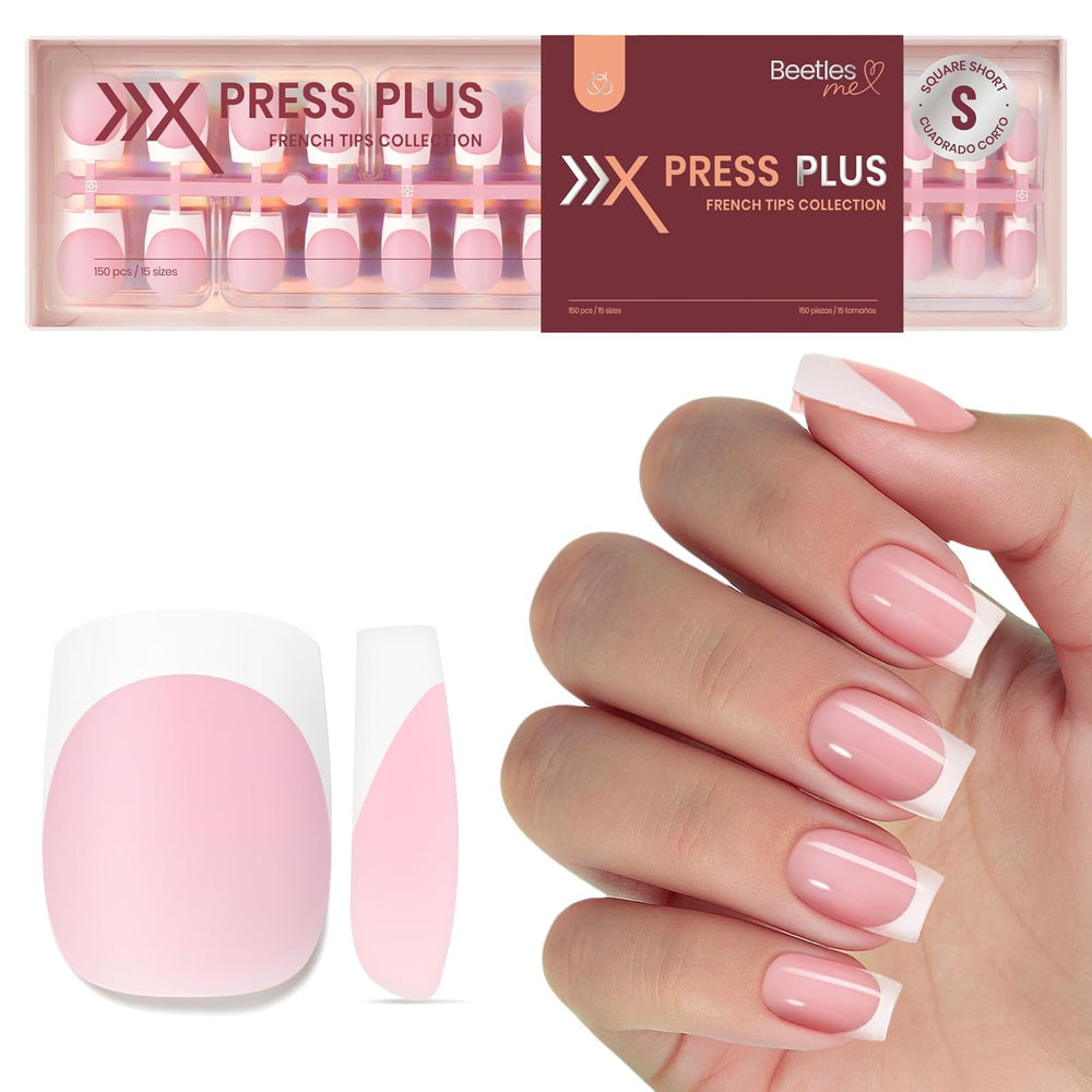 Beetles Pre-French Tips pink short square nails for quick at-home manicure.