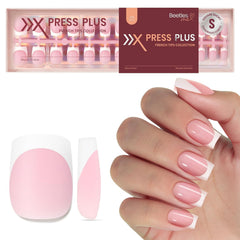Beetles Pre-French Tips pink short square nails for quick at-home manicure.
