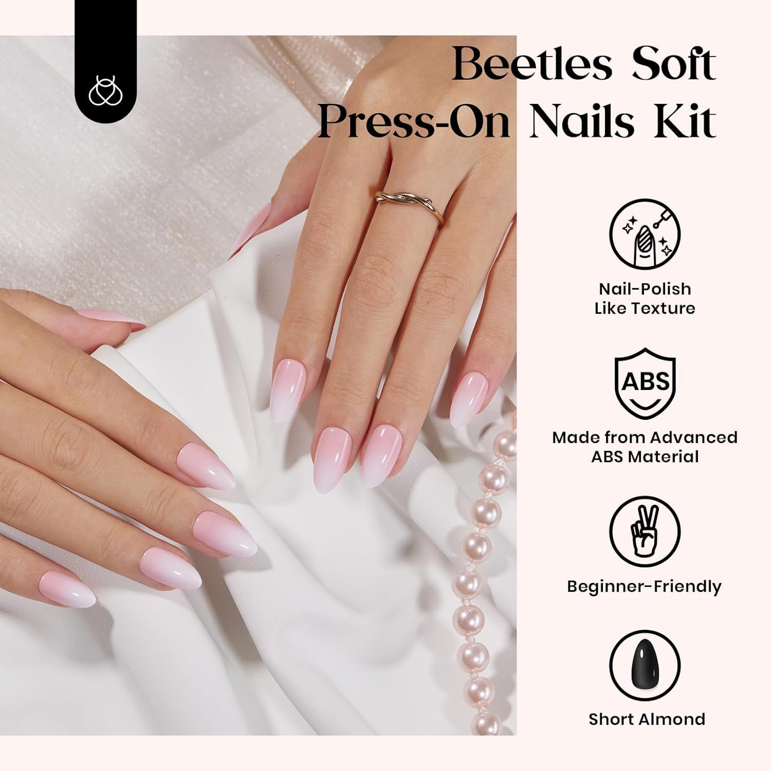 Beetles Press On Nails Kit shows glue, tabs, and stickers for secure at-home application.